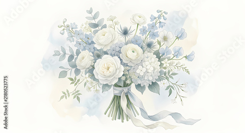 Blue-gray and white wedding flower bouquet with eucalyptus watercolor illustration