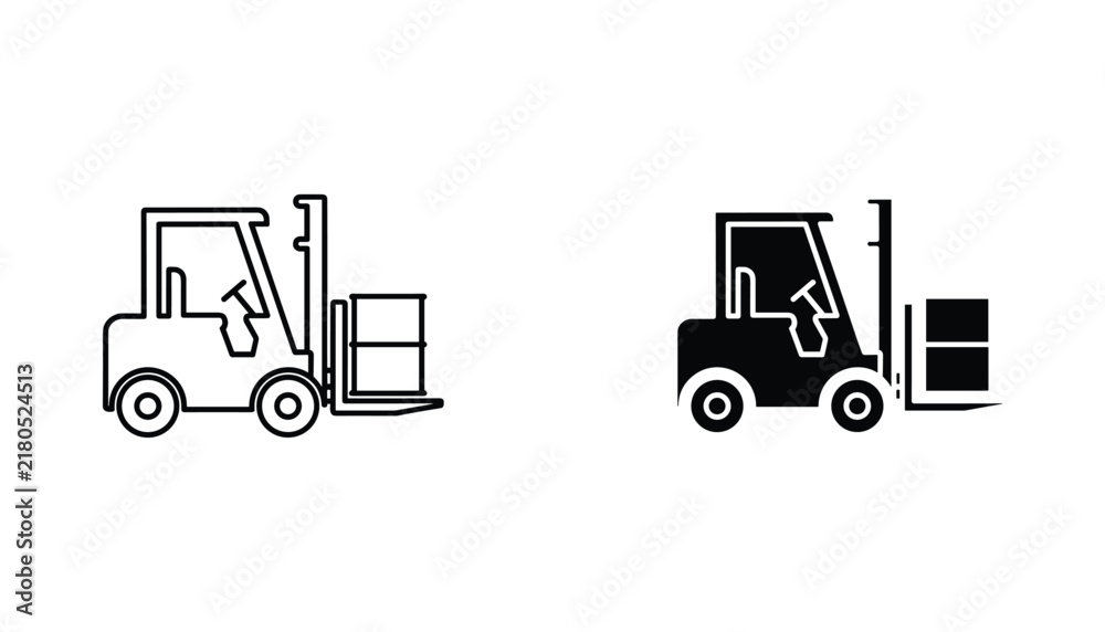 Naklejka premium Forklift vector icon isolated on white Black and white outline line art and solid glyph silhouette