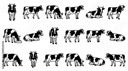 Spotted Holstein Cow Black Silhouette Vector Icon Set Featuring Cattle Herd Grazing Standing Lying Down and Organic Dairy Farm Animals Agriculture Symbols