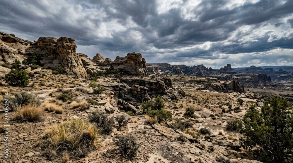 Fototapeta premium Corporate Desert Landscape with Dramatic Rock Formations and Stormy Sky for Professional Backgrounds