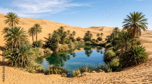Dynamic Oasis Mirage Lush Palm Trees Surrounding a Serene Desert Water Pool Amid Golden Sand Dunes Under Clear Sky