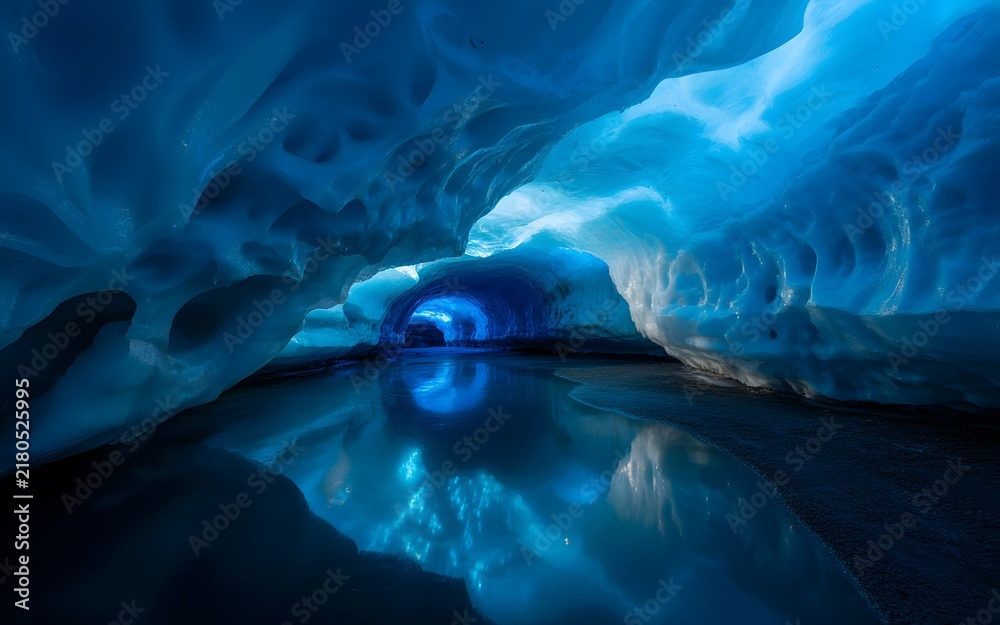 Fototapeta premium Majestic glacial cave interior featuring deep blue ice walls with intricate textures and a mirror like pool of water reflecting the brilliant natural light illuminating the dark icy cavern tunnel