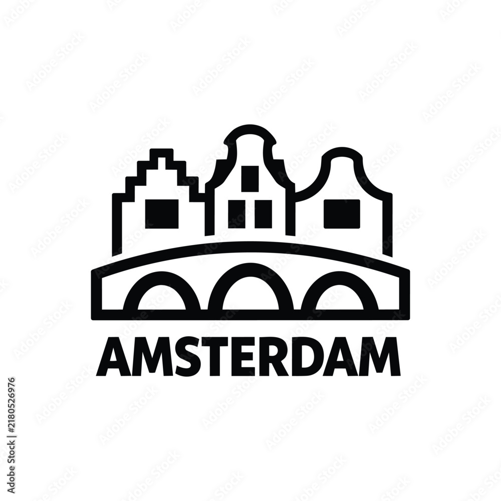 Obraz premium Amsterdam landmark skyline with canal houses, an arched bridge and traditional gabled roofs, monochrome outline icon for tourism, travel, architecture and destination branding