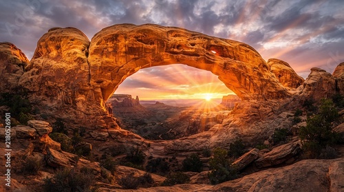 Majestic Mesa Arch at sunrise with golden sun rays and dramatic clouds illuminating red rock desert landscape for travel inspiration.