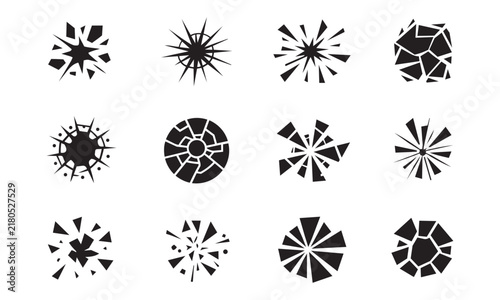 Collection of various explosion icons depicting shattered glass and fragments. Perfect vector elements for comic book effects or dynamic motion graphic design.