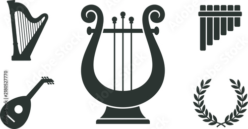 Ancient Musical Instrument Lyre Icon Set with Harp Lute Pan Flute and Laurel Wreath Silhouette Symbols