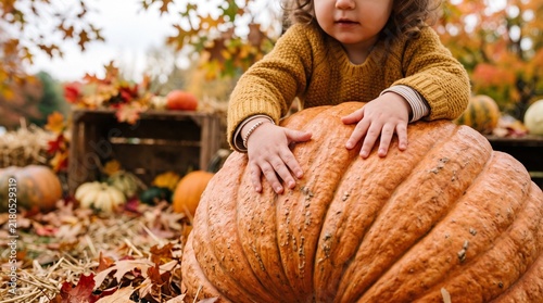 Toddler hands resting on a giant pumpkin during autumn harvest season surrounded by fall leaves and pumpkins