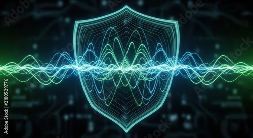 Futuristic Digital Shield with Glowing Wave Pattern.