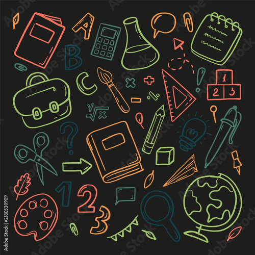 hand-drawn school supplies on a black background