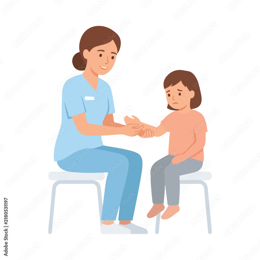 Fototapeta premium A gentle female nurse in blue scrubs examines the injured arm of a sad little girl sitting on a stool.