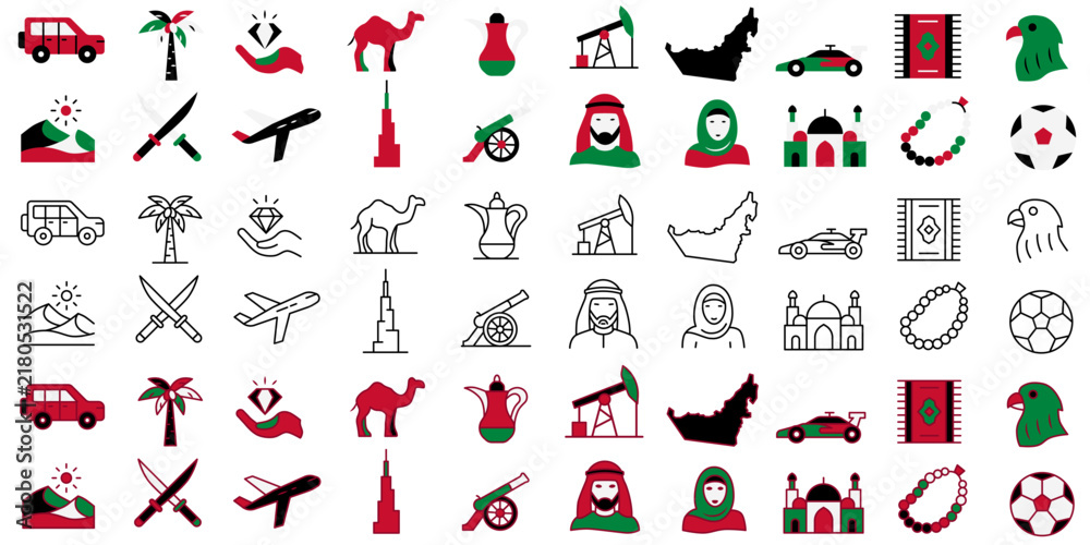 Obraz premium A set of icons dedicated to the United Arab Emirates. A collection of icons in various styles.