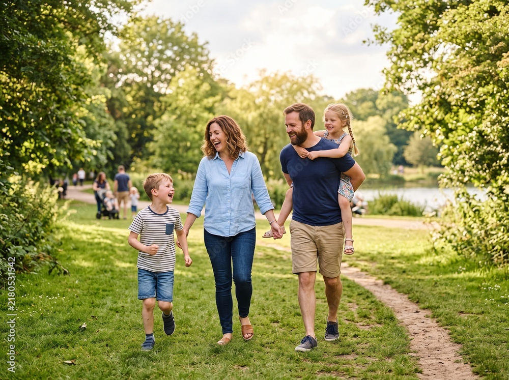 Obraz premium Happy Family Walking in Green Park with Daughter on Father's Back