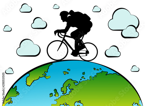 Illustration Eco-Adventure. Silhouette of a cyclist traveling the world, with a globe and clouds.