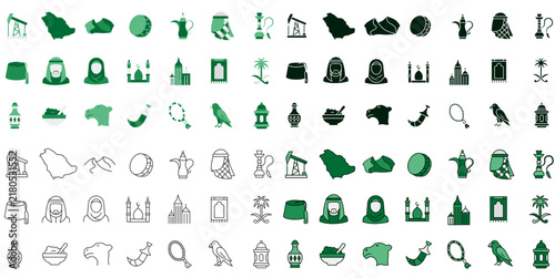A set of icons dedicated to Saudi Arabia. A collection of icons in various styles.