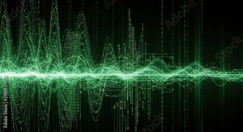 Futuristic Green Digital Waveform Abstract Background.