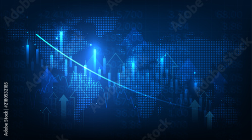 Fotografía Abstract global business background with wireframe globe and dynamic financial candlestick charts on blue