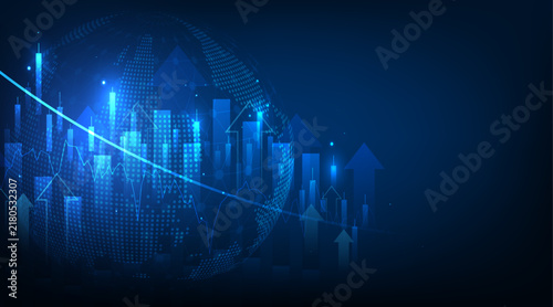 Abstract global business background with wireframe globe and dynamic financial candlestick charts on blue. 