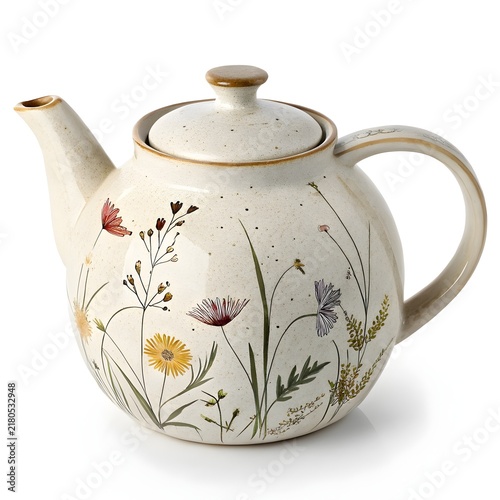 Floral Teapot: A charming ceramic teapot adorned with delicate watercolor wildflowers, perfect for a cozy afternoon tea or a thoughtful gift.