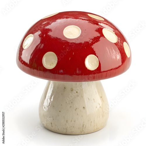 Red Mushroom Figurine: A charming, whimsical red mushroom figurine with white polka dots, perched atop a cream-colored stem, evokes a fairy-tale charm.