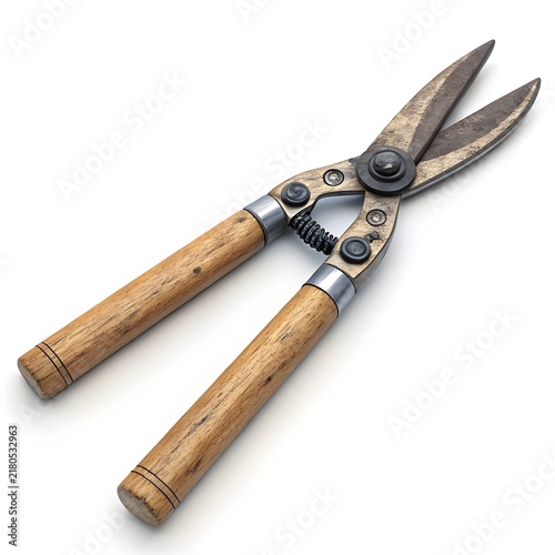 Gardening Shears Close-up: A pair of sturdy gardening shears with wooden handles and sharp metal blades, isolated against a clean background.