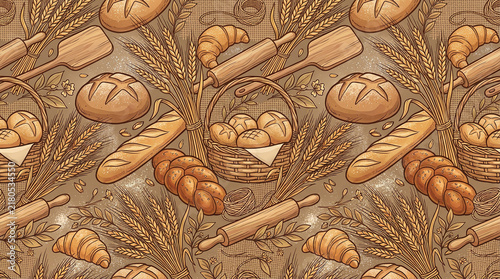 Detailed artisan bread and wheat pattern with baskets of rolls and rolling pins.