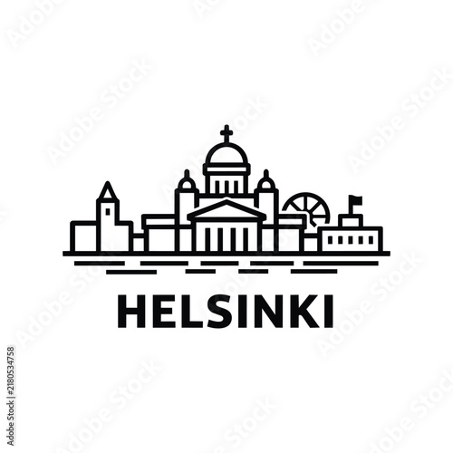 Helsinki city skyline icon featuring a large cathedral dome, observation wheel and low waterfront buildings, black outline vector for tourism, architecture and city travel design