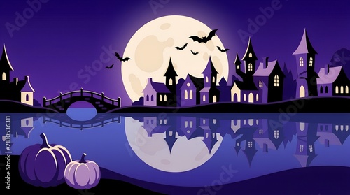 Spooky Halloween village landscape with full moon, haunted houses reflected in water, purple night sky with bats and pumpkins