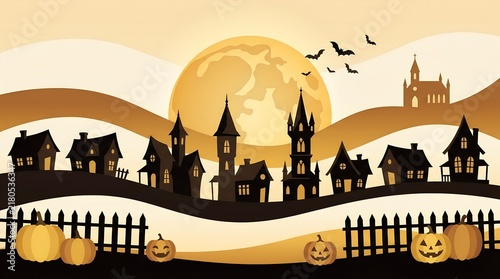 Spooky Halloween village silhouette with full moon, haunted house landscape in sepia tones, festive pumpkin and bat background