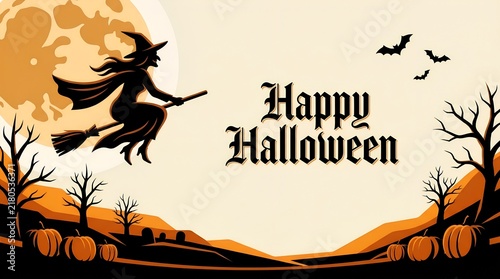 Vintage Halloween greeting card with flying witch silhouette, spooky full moon landscape, Happy Halloween typography poster