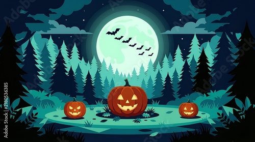Halloween jack o lanterns in spooky forest, glowing pumpkins under full moon, eerie night landscape with bats and pine trees