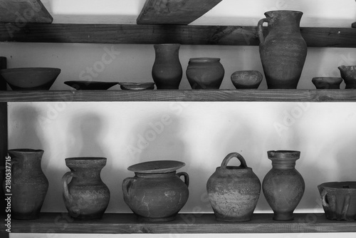 Black and White Still Life of Traditional Handmade Clay Pottery