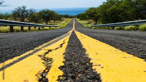 Winding Tropical Coastal Road with Double Yellow Lines, Hawaii