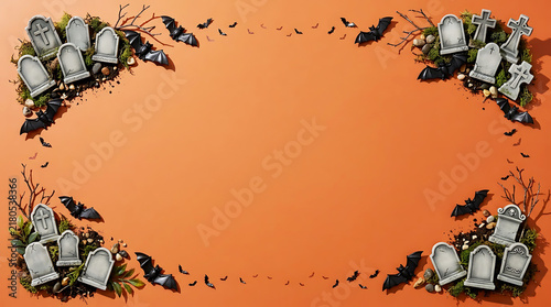 Halloween background with frame of miniature tombstones and black bats on a vibrant orange surface
