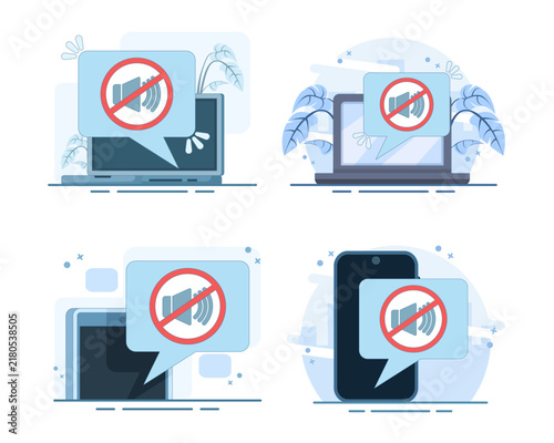 Set of mute mode sign for mobile phone flat cartoon vectors. Features a no sound sign, volume off for smartphones, and cellphone silence zone symbol on an isolated background for digital UI.