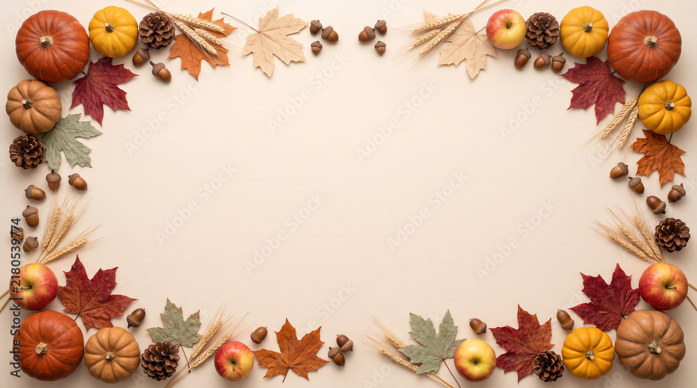 Fototapeta premium A vibrant autumnal display featuring colorful gourds crisp apples fallen leaves and juicy berries creates a beautiful decorative frame on a light neutral backdrop
