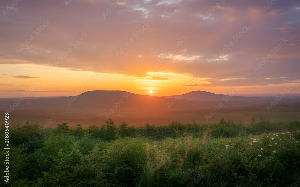 Fototapeta premium Golden sun setting behind rolling hills illuminates vast open fields with vibrant orange light while soft clouds float gracefully above the scenic horizon creating a peaceful and serene natural atmosp