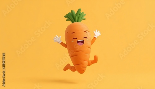 Cute Carrot Character Jumping with Happy Expression on Orange Background