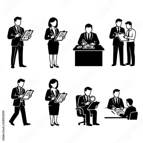 Business people writing and reviewing documents set