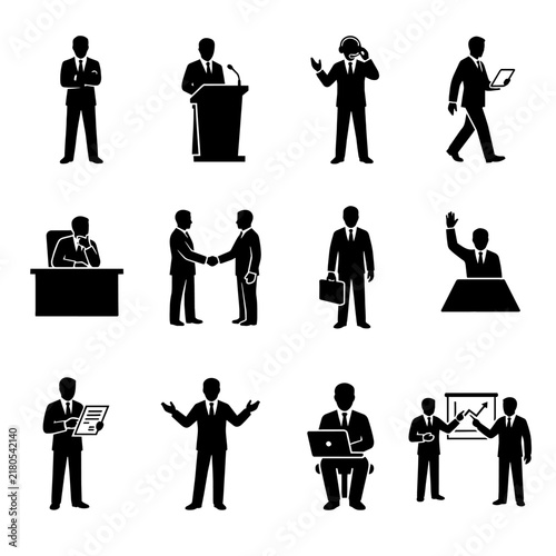 Set of black business people icons and professional office activities