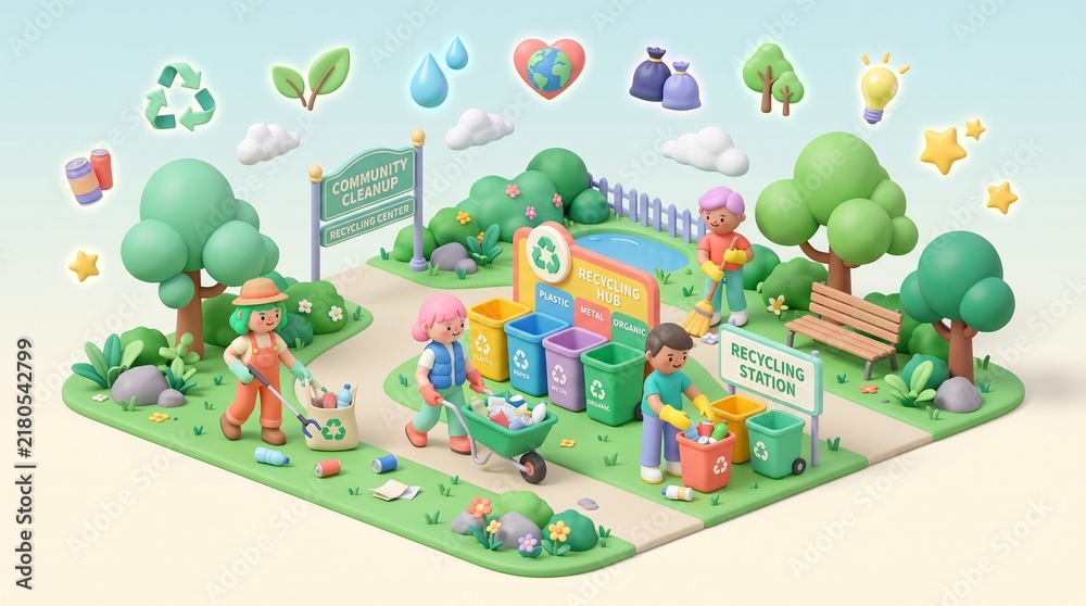 Naklejka premium Community Recycling Cleanup Event 3D Illustration with Colorful Bins and Volunteers
