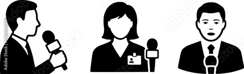 Принти на полотні Icons of people holding microphones: a man in a suit, a woman with an ID badge, and a man speaking into a microphone, representing news reporting