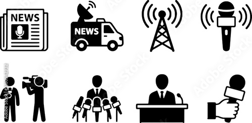 Collection of journalism and media icons including newspaper, news van, broadcast tower, microphone, cameraman, and press conference.
