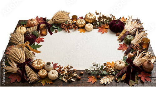 Elegant Autumnal Thanksgiving Tabletop Centerpiece Border With Pumpkins Wheat And Fall Leaves