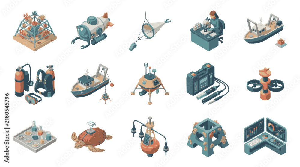 Fototapeta premium Corporate Set of Isometric Icons Featuring Marine Scientific and Space Exploration Equipment in Blue Orange and Gray