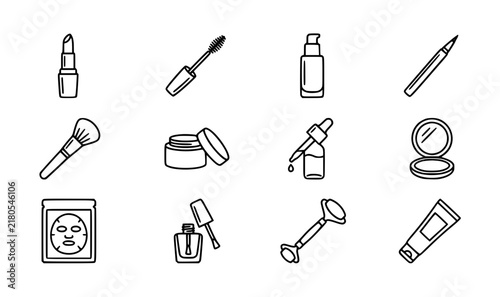 Cosmetic products vector icon set with sleek black monoline line art makeup and skincare symbols