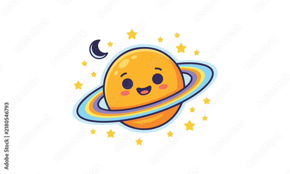Fototapeta premium Kawaii cartoon planet with colorful rings and smiling face with stars and moon on white background