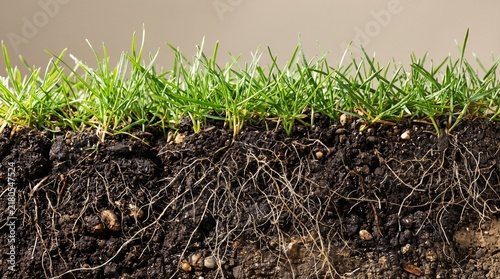 Cross section view of lush green grass growing in fertile soil with visible intricate root systems underground