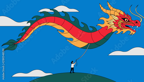 Giant Dragon Kite Flying High in Blue Sky, Flat Vector Spectacular Ancient Kite Art Illustration
