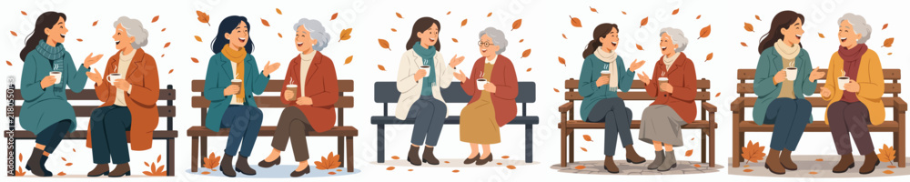 Obraz premium A flat vector illustration of a woman and a elderly woman sitting together on a park bench, talking outdoors in autumn while enjoying warm coffee