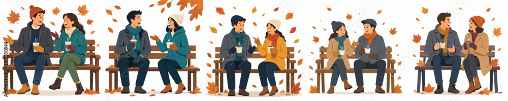 Fototapeta premium A flat vector illustration of a man and a woman sitting together on a park bench, talking outdoors in autumn while enjoying warm coffee